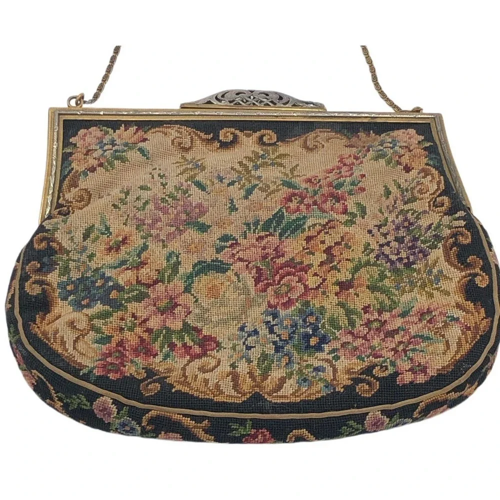 Antique Jolles Austria Purse Petit Point Floral Tapestry 1930s Orig Label